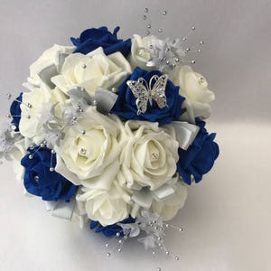 Artificial wedding bouquets flowers sets ivory royal blue bridesmaid posy