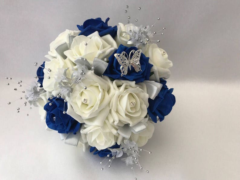 Artificial wedding bouquets flowers sets ivory royal blue bridesmaid posy