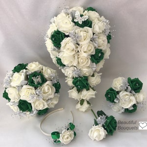 Artificial wedding bouquets flowers sets ivory emerald green