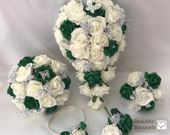 Artificial wedding bouquets flowers sets ivory emerald green