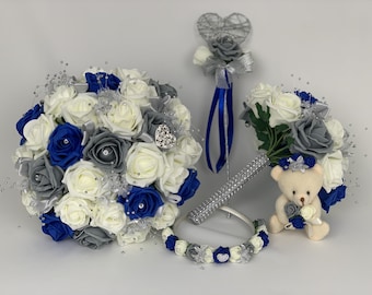 Bride Wedding Flowers Ivory white blue Rose Bouquet Bridesmaid Wand 