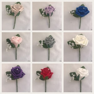 Wedding buttonhole corsage grooms groommen guests buttonholes pink grey red blue