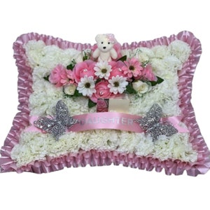 Pillow Shaped Silk Artificial Funeral Flowers teddy bear Wreath ,Memorial ,Grave Tributes , Mum , pink