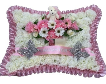 Pillow Shaped Silk Artificial Funeral Flowers teddy bear Wreath ,Memorial ,Grave Tributes , Mum , pink