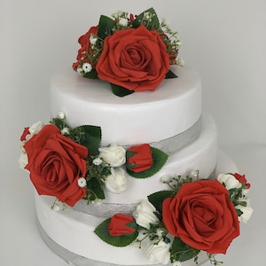 Wedding flowers cake topper roses 3 pieces tier bouquets Red