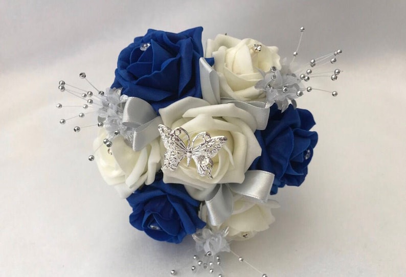 Artificial wedding bouquets flowers sets ivory royal blue child’s posy