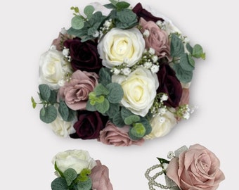 Artificial wedding bouquets flowers sets silk  ivory with eucalyptus