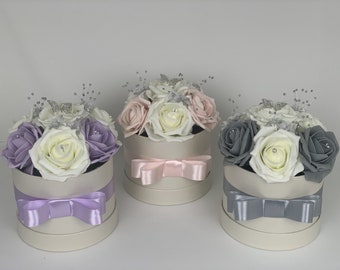 Artificial Flower hat Boxes with butterfly Personalised Flowers in a box with bow and roses gift , birthdays , weddings , new home