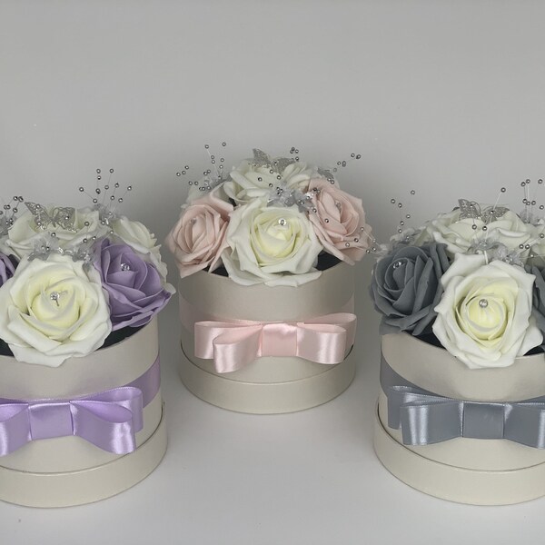 Artificial Flower hat Boxes with butterfly Personalised Flowers in a box with bow and roses gift , birthdays , weddings , new home