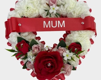 Artificial Flowers open heart grave  Wreath  Funeral Tribute Memorial red hearts mum , gran , Mother’s Day wreath