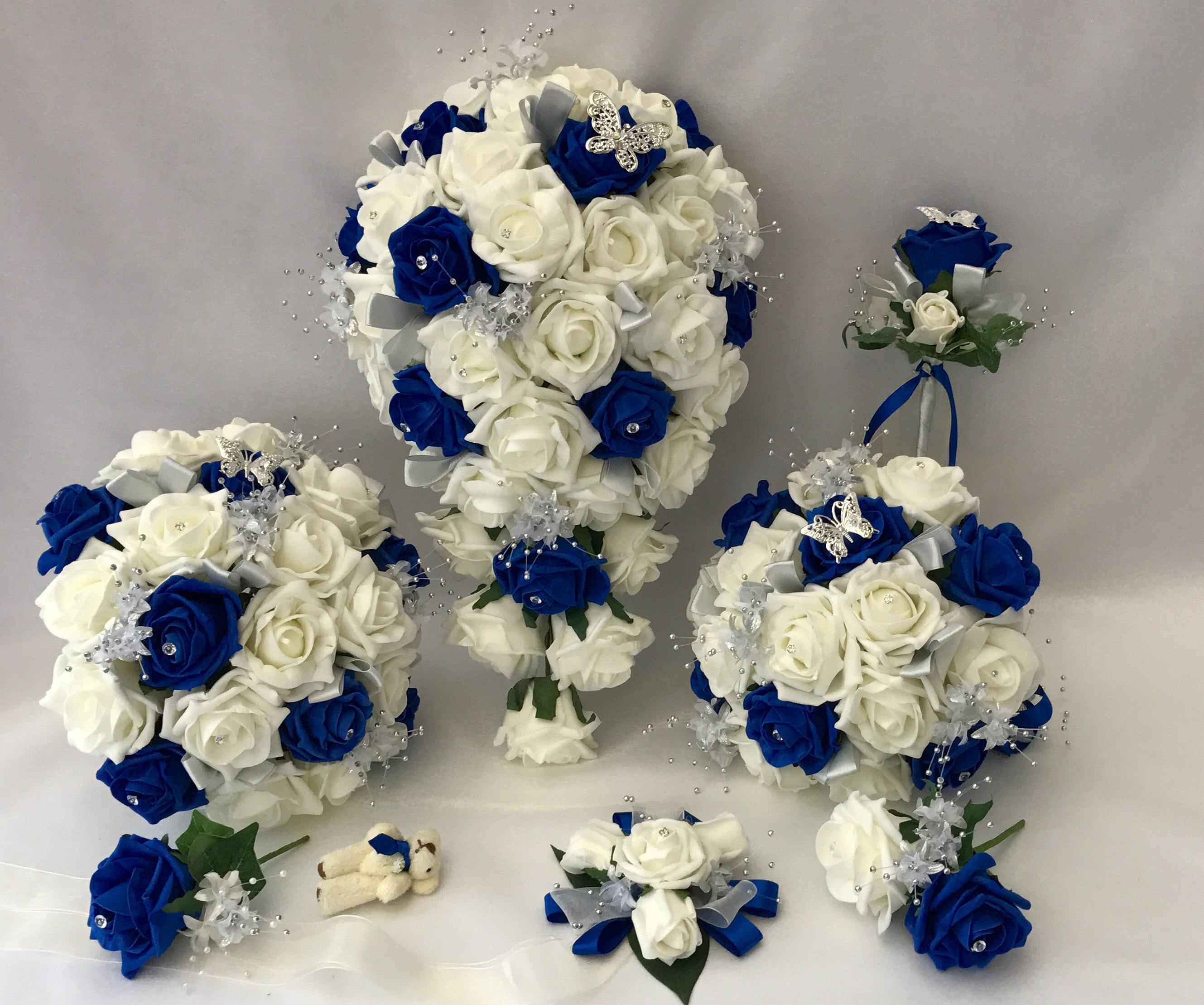 ARTIFICIAL FLOWERS ROYAL BLUE IVORY FOAM ROSE BRIDE CRYSTAL WEDDING BOUQUET 