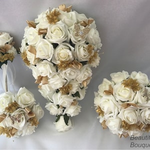 Artificial wedding bouquets flowers sets ivory Gold