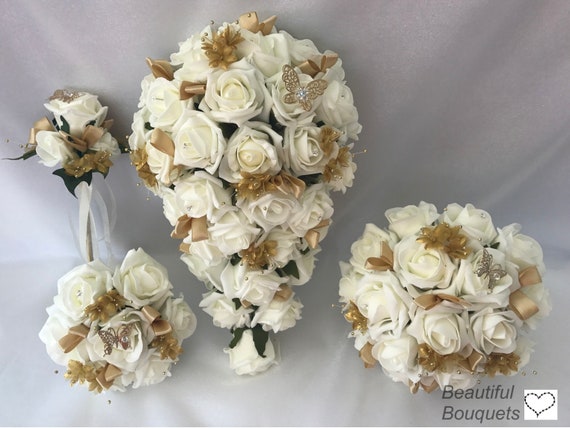 Ramos de boda artificiales flores engastados marfil Oro - Etsy España