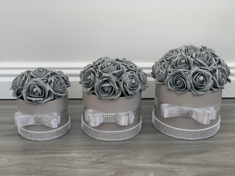 Artificial Flower Hat Boxes Grey With Diamanté Wedding Gifts Etsy UK