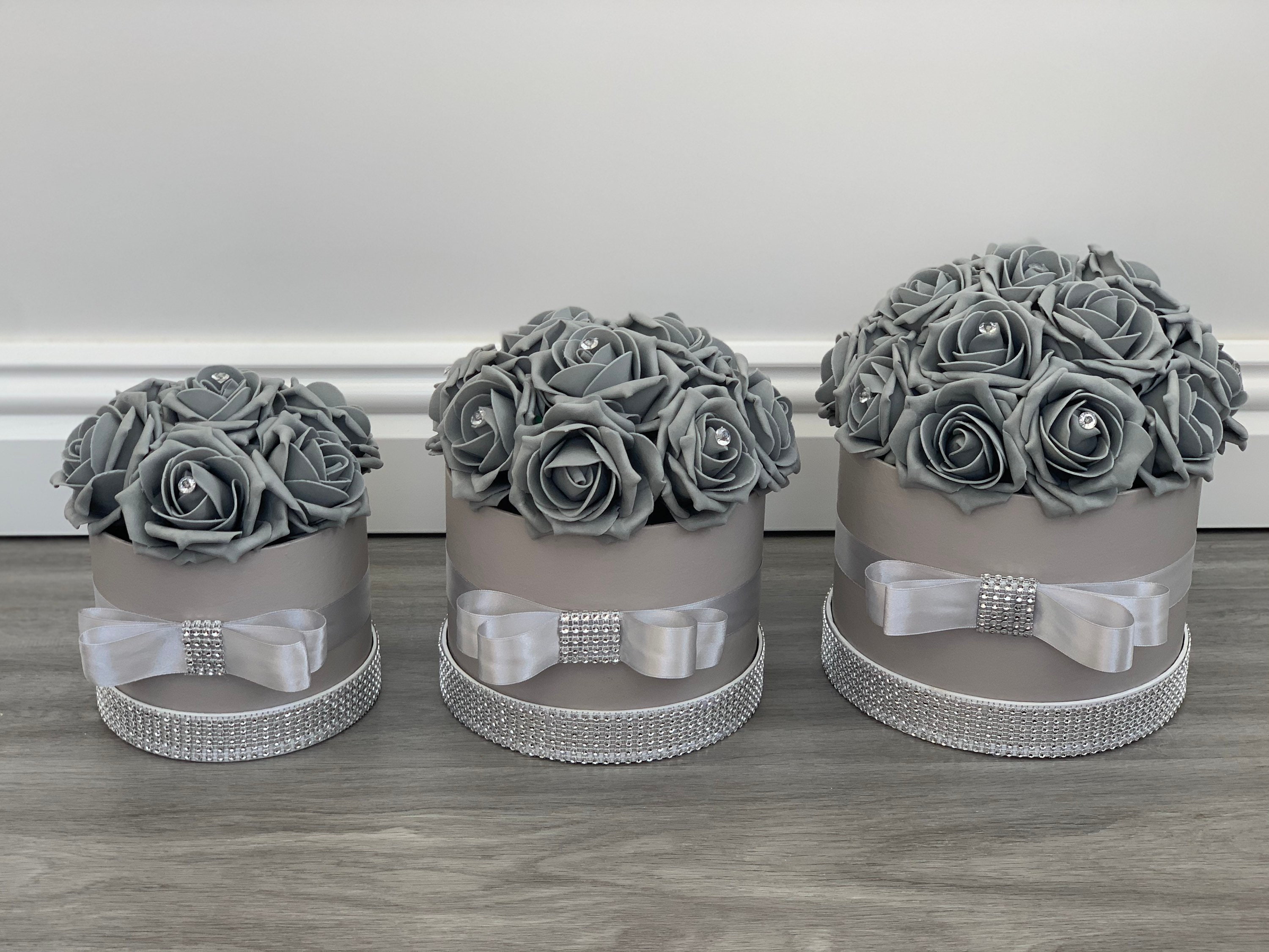 Artificial Flower Hat Boxes Grey With Diamanté Wedding Gifts Etsy UK