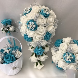 Brautstrauß künstliche Blumen-Sets weiß-türkis