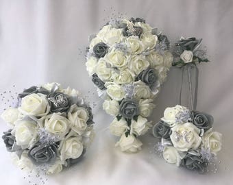 Artificial wedding bouquets flowers sets grey