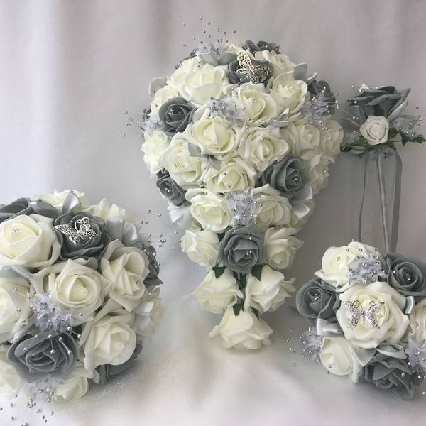 Artificial wedding bouquets flowers sets grey