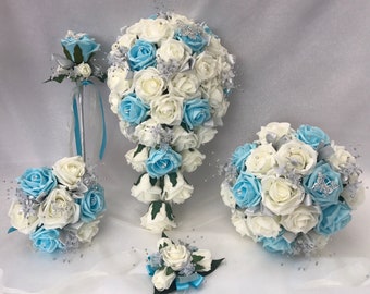 Artificial Wedding Bouquets Flowers Sets Ivory Aqua Blue