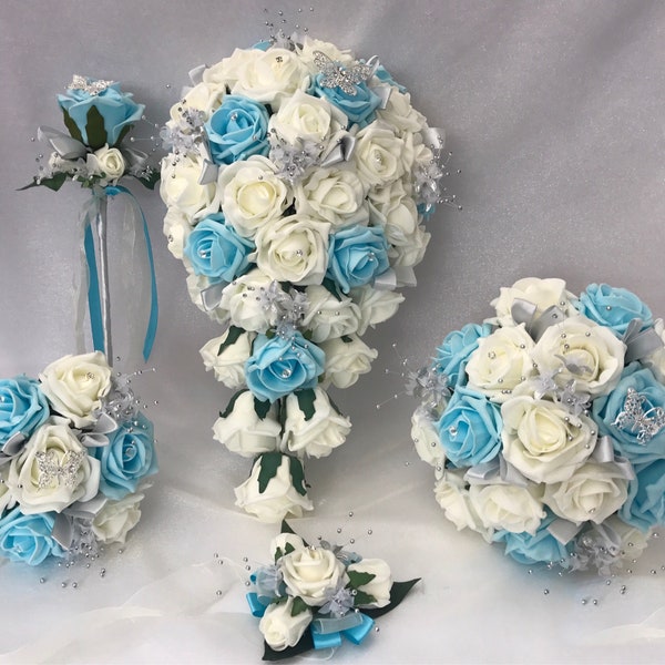 Artificial Wedding Bouquets Flowers Sets Ivory Aqua Blue