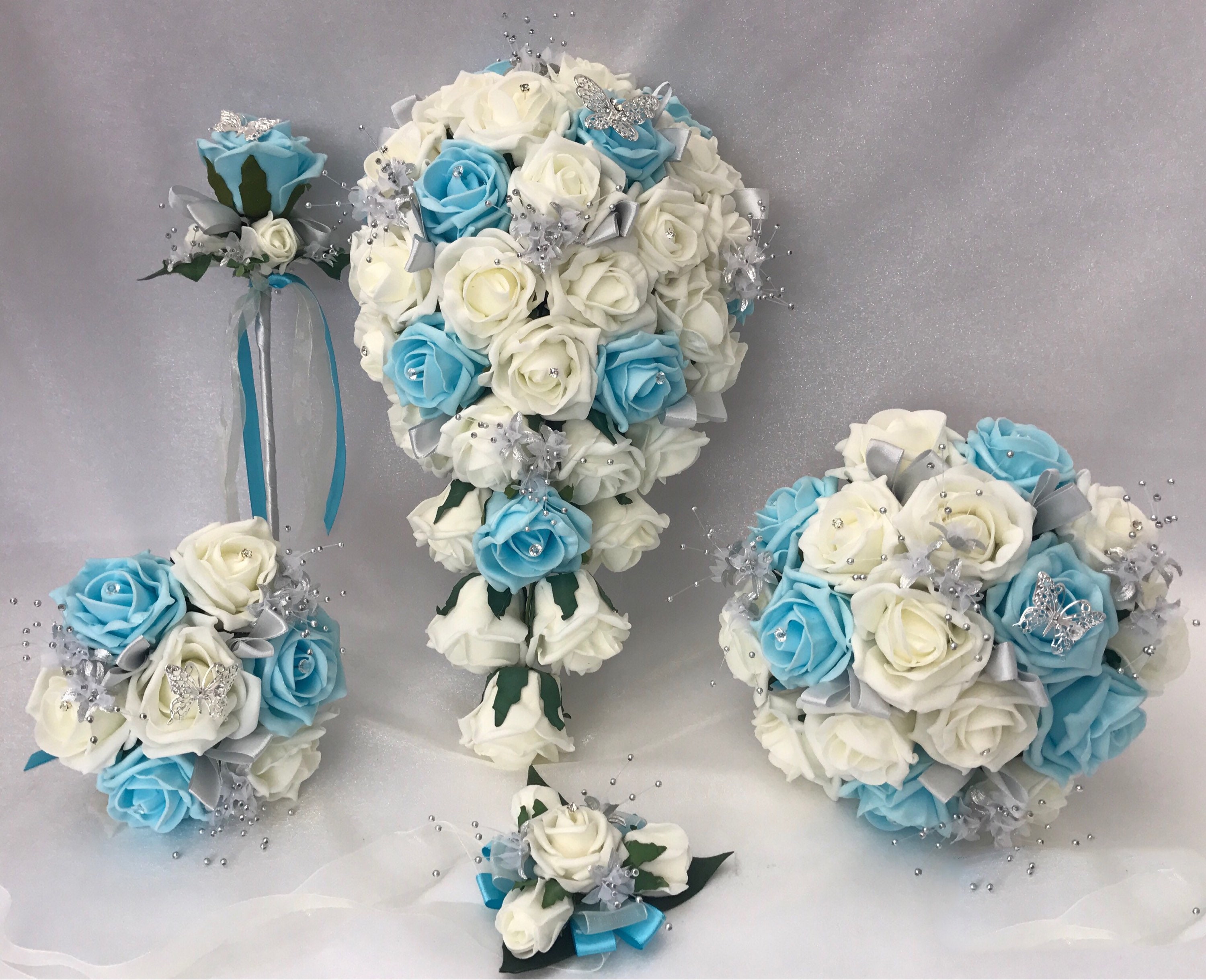 Artificial Wedding Bouquets Flowers Sets Ivory Aqua Blue