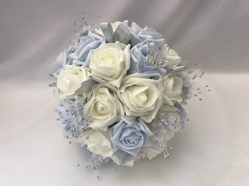 Artificial Wedding Bouquets Flowers Sets Ivory Baby Blue Etsy