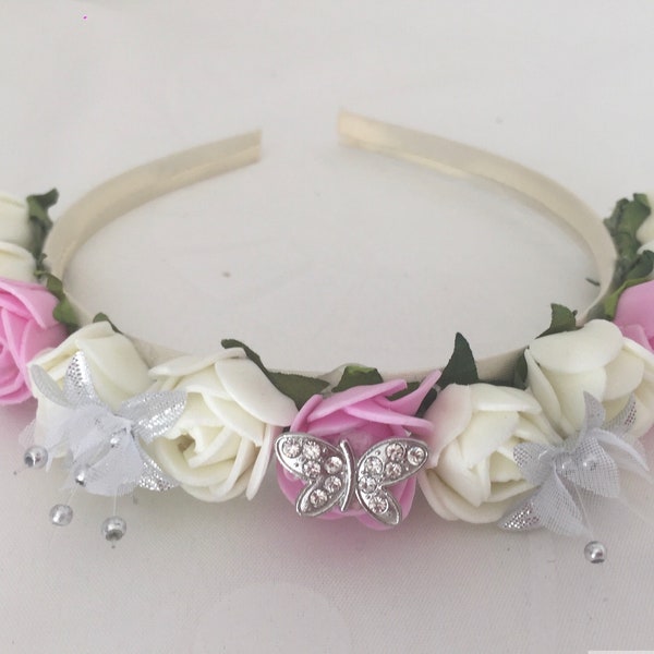 Wedding bridesmaids flower girl satin headband made with rose flowers and butterfly