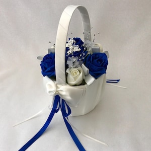 Artificial wedding bouquets flowers sets ivory royal blue flower girl basket