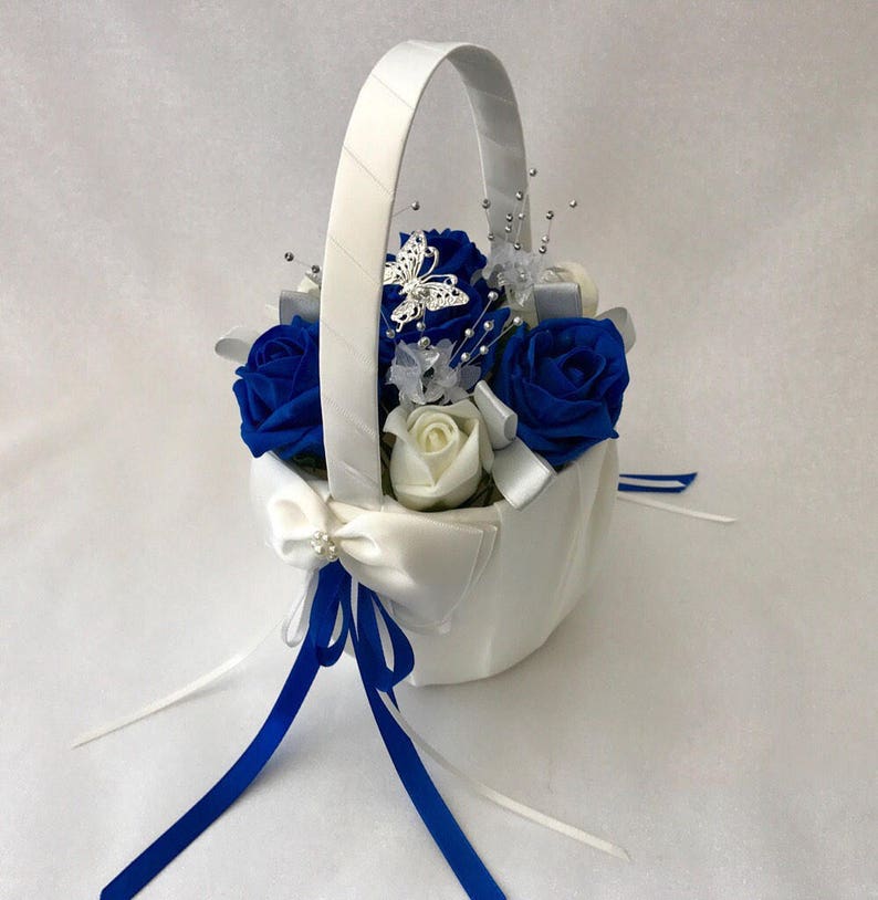 Artificial wedding bouquets flowers sets ivory royal blue flower girl basket