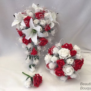 Artificial wedding bouquets flowers sets white and red