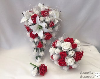 Artificial wedding bouquets flowers sets white and red