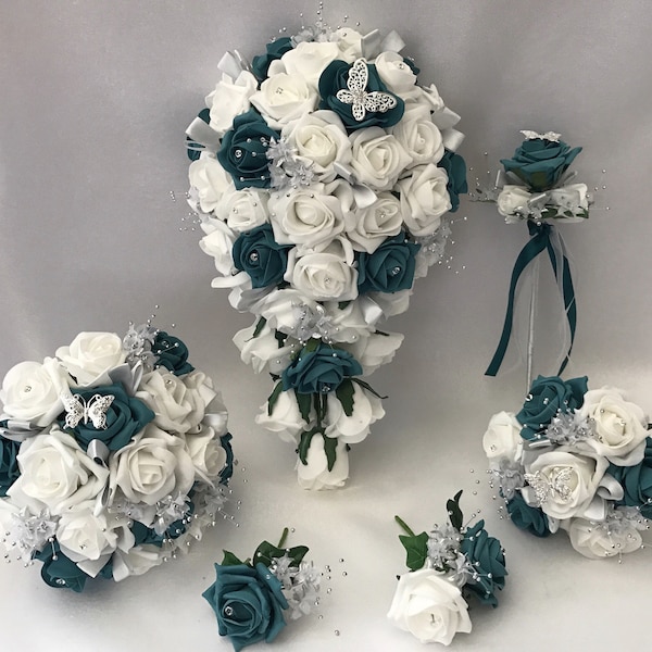 Wedding Bouquets teal Butterfly flowers Bride Bridesmaid Flower Girl Wand