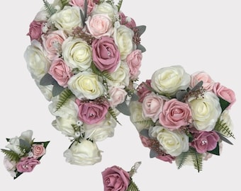 Artificial wedding bouquets flowers sets ivory mixed pinks