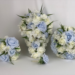 Artificial wedding bouquets flowers sets ivory & baby blue roses hydrangea
