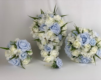 Artificial wedding bouquets flowers sets ivory & baby blue roses hydrangea