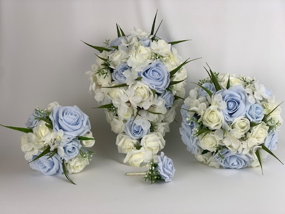 Artificial wedding bouquets flowers sets ivory baby blue
