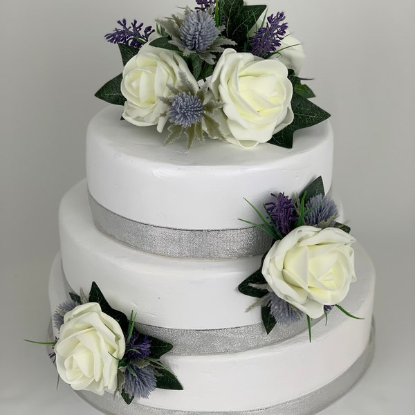 Décoration pour gâteau fleurs de mariage roses 3 pièces chardons écossais