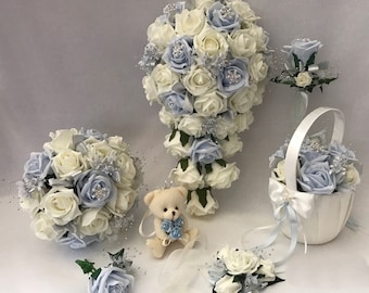 Artificial wedding bouquets flowers sets ivory baby blue