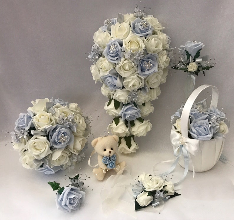 Artificial wedding bouquets flowers sets ivory baby blue