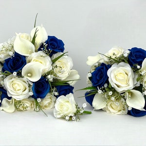Artificial wedding bouquets flowers sets ivory with royal blue and gypsophila an greenery