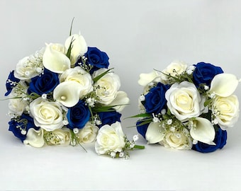 Artificial wedding bouquets flowers sets ivory with royal blue and gypsophila an greenery