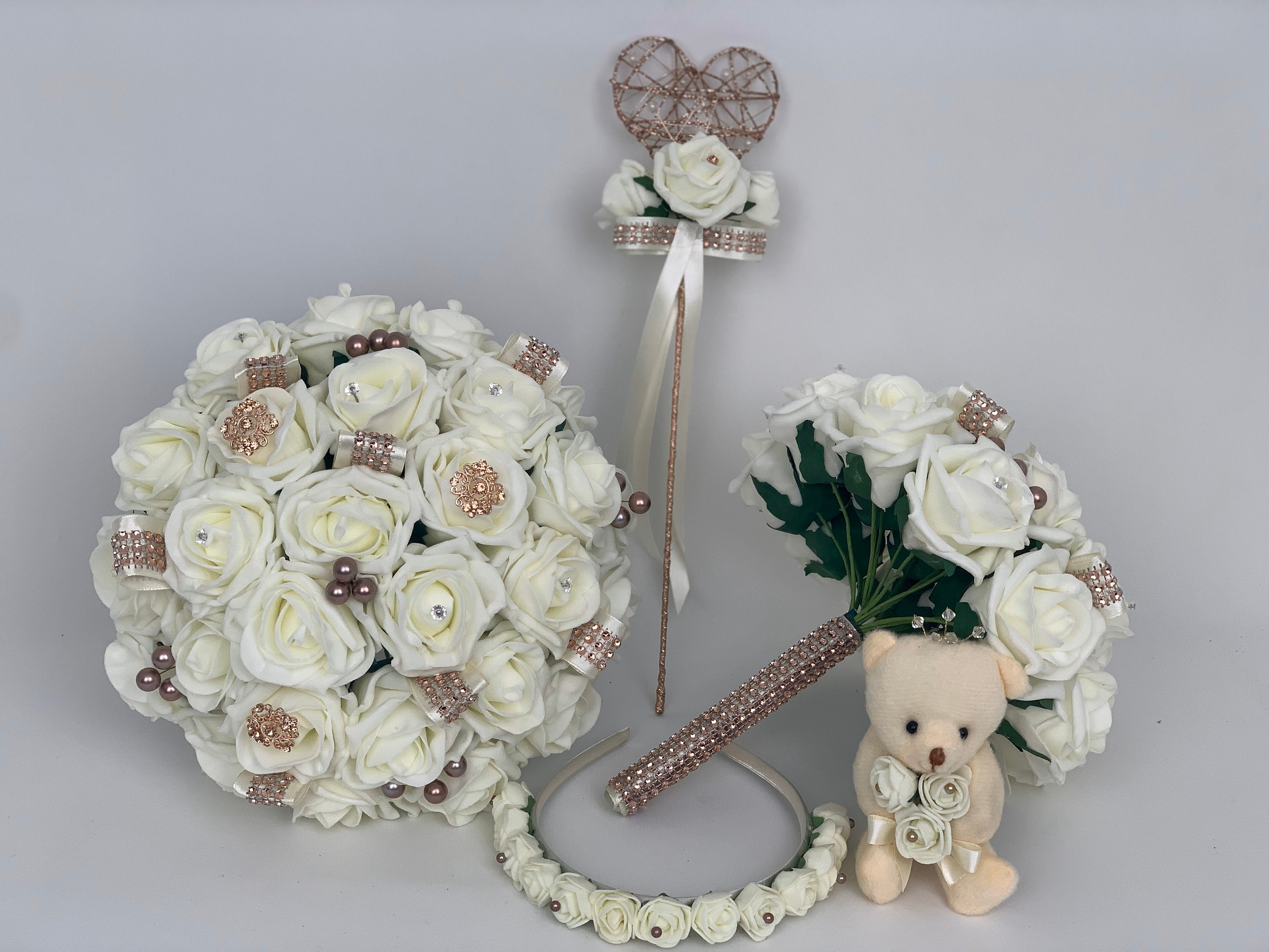 wedding bouquets rose gold ivory brides flowers posy bridesmaid flower girl  wand