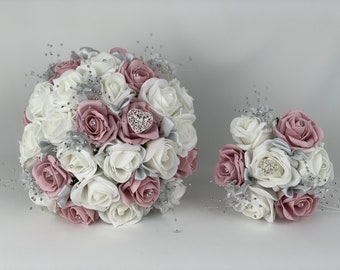 Artificial wedding bouquets flowers sets white vintage pink with hearts