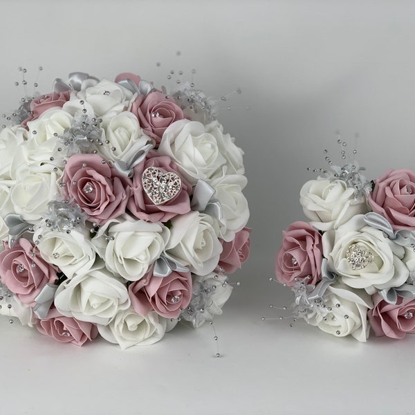 Bouquets de mariage artificiels ensembles de fleurs blanc rose vintage avec coeurs