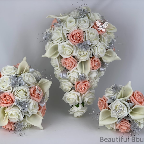 Artificial Wedding Bouquets Flowers Sets ivory peach butterfly