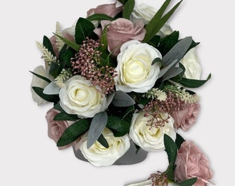 Artificial wedding bouquets flowers sets ivory with blush pink and Greenery