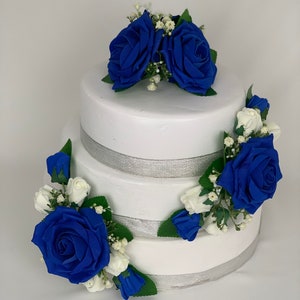 Wedding flowers cake topper roses 3 pieces tier bouquets royal blue