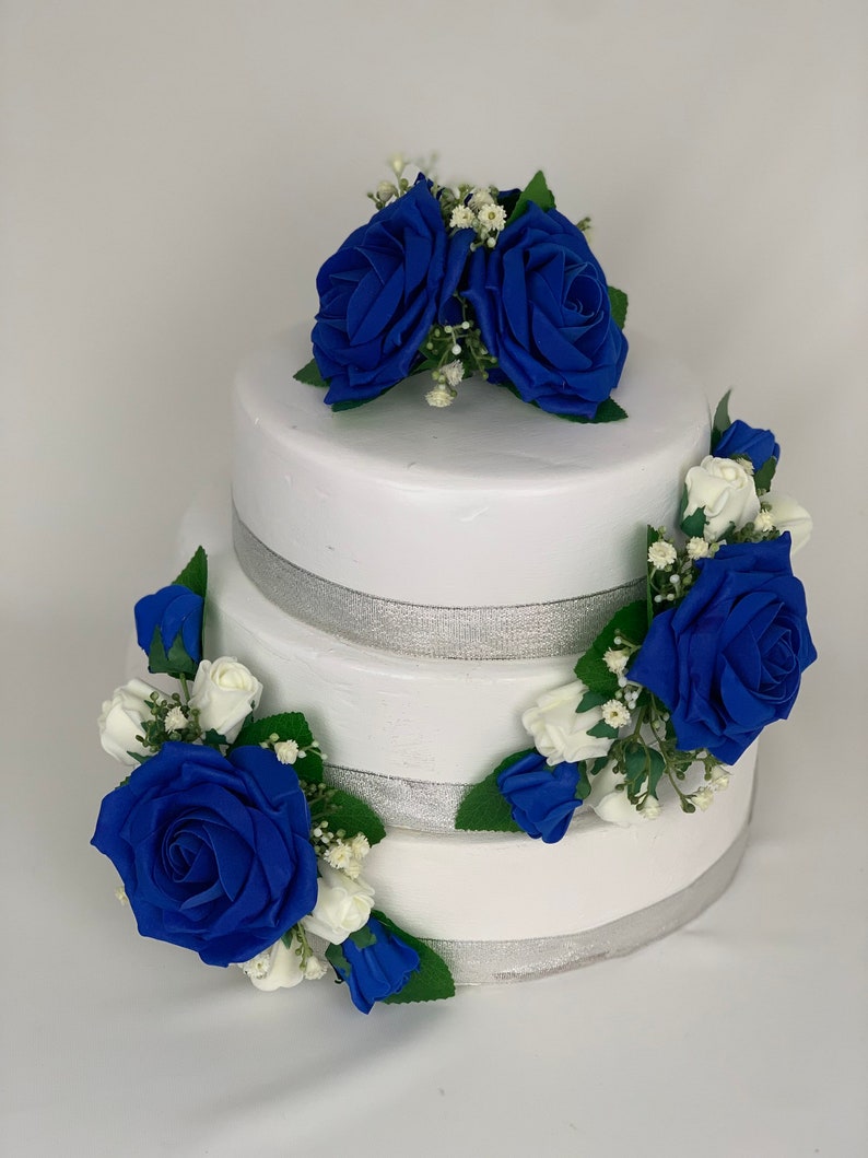 Wedding flowers cake topper roses 3 pieces tier bouquets royal blue