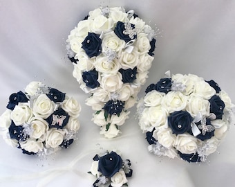 Artificial wedding bouquets flowers sets ivory navy