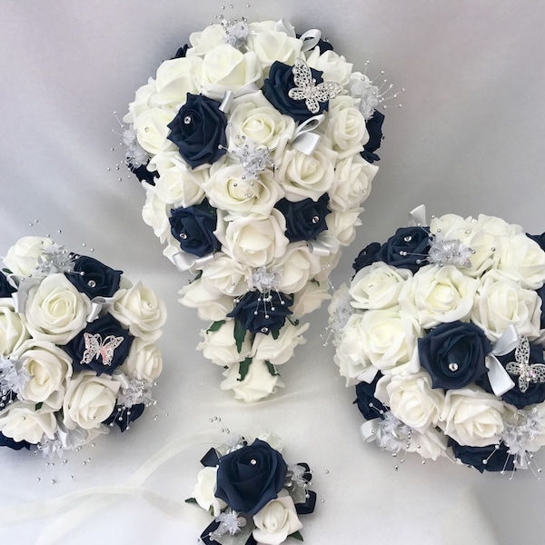 Ensembles de fleurs artificielles pour bouquets de mariée ivoire marine